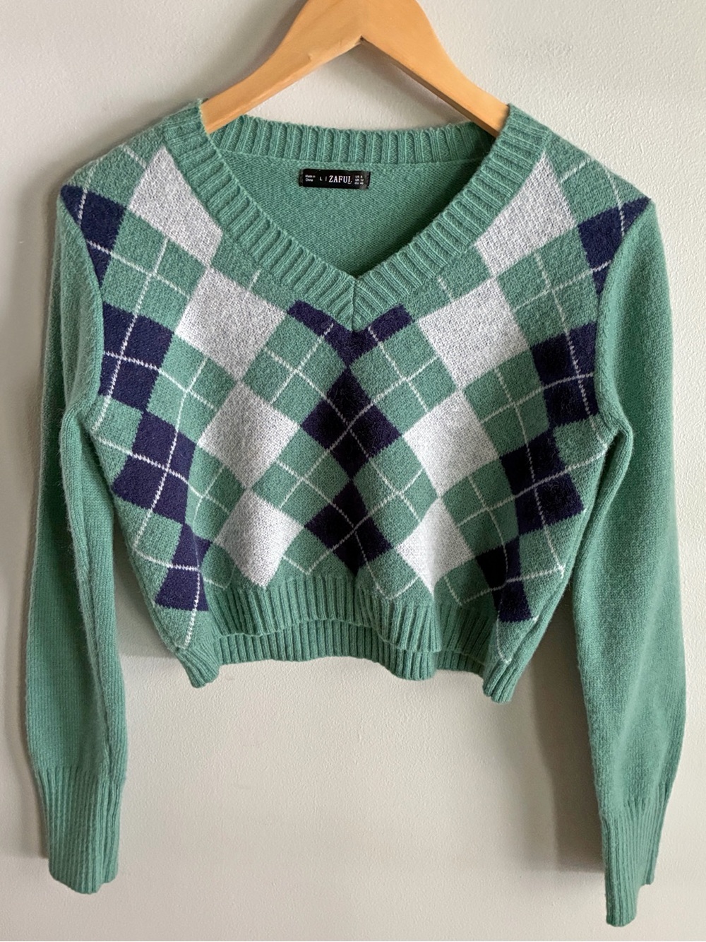 Zaful Argyle Cropped Sweater Green Navy White V Neck preppy Knit